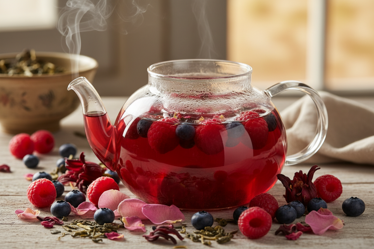 rasperries bluberries and hibiscus with rose petals leaves tea